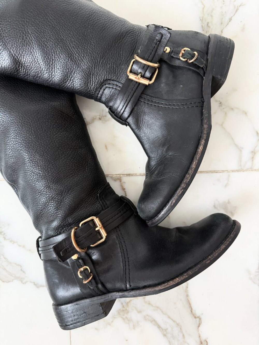 Vince Camuto Black Leather Tall Black Riding Boots with Gold Buckles SIZE 7 1/2
